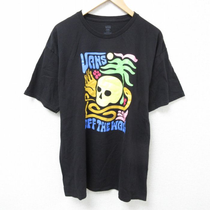 XL★古着 バンズ VANS 半袖 ブランド Tシャツ メンズ スカル コットン クルーネック 黒 ブラック 25jun09 中古