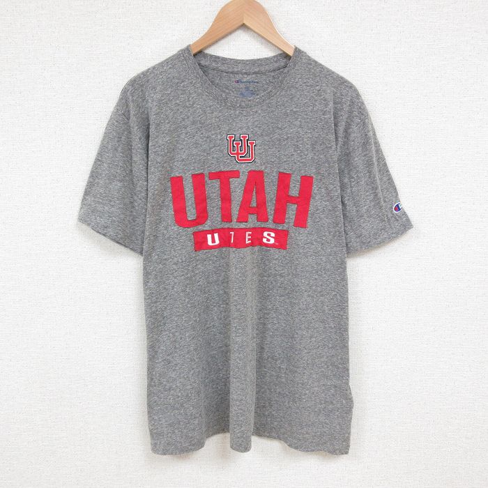 XL★古着 チャンピオン champion 半袖 ブランド Tシャツ メンズ ユタ 大きいサイズ クルーネック グレー 霜降り 25jun10 中古