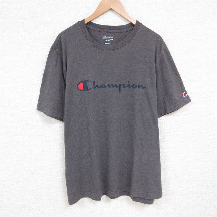 XL★古着 チャンピオン champion 半袖 ブランド Tシャツ メンズ ビッグロゴ 大きいサイズ クルーネック 濃グレー 霜降り 25jun10 中古