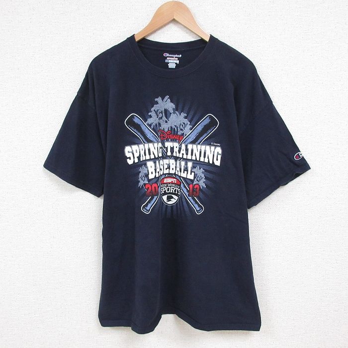 XL★古着 チャンピオン champion 半袖 ブランド Tシャツ メンズ ディズニー DISNEY ベースボール 大きいサイズ コットン クルーネック 紺 ネイビー 25jun10 中古