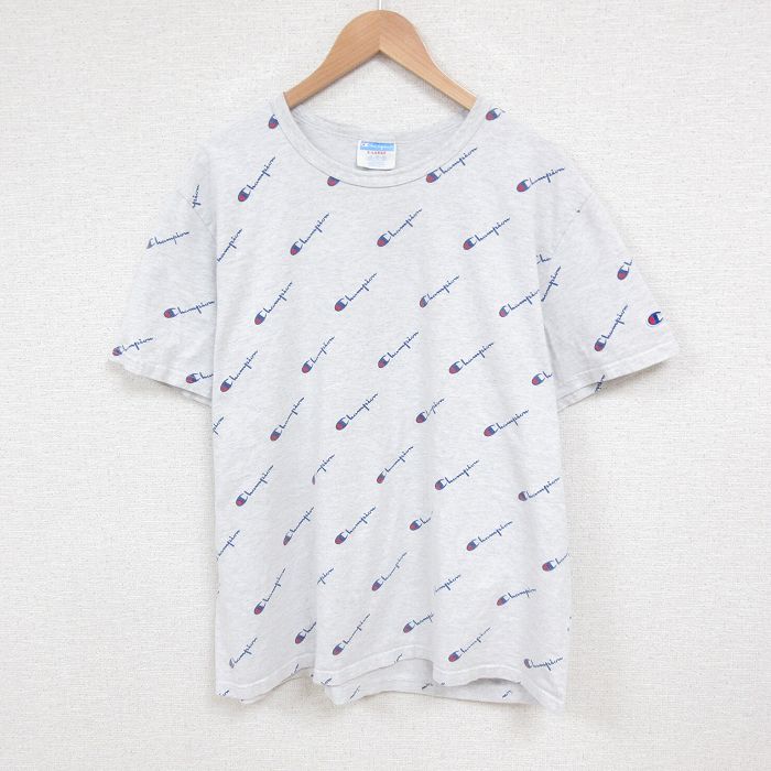 XL★古着 チャンピオン champion 半袖 ブランド Tシャツ メンズ ワンポイントロゴ 総柄 クルーネック 薄グレー 霜降り 25jun10 中古