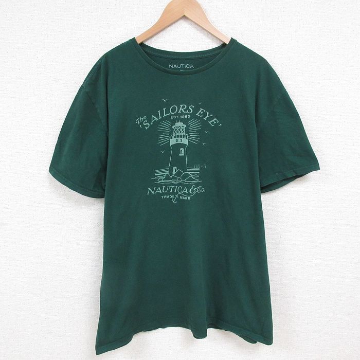 XL★古着 ノーティカ NAUTICA 半袖 ブランド Tシャツ メンズ 灯台 大きいサイズ コットン クルーネック 緑 グリーン 25jun10 中古