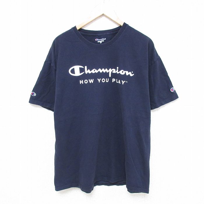 XL★古着 チャンピオン champion 半袖 ブランド Tシャツ メンズ HOW クルーネック 紺 ネイビー 25jun16 中古