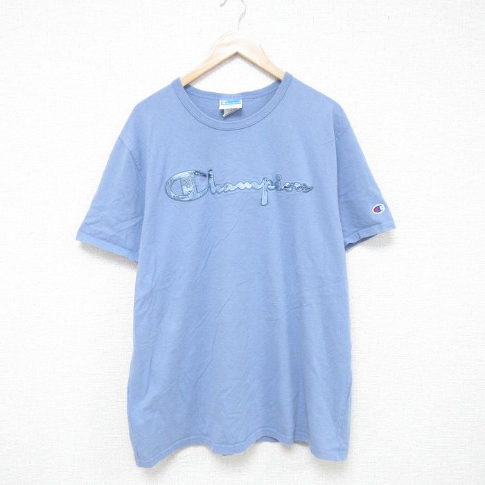 XL★古着 チャンピオン champion 半袖 ブランド Tシャツ メンズ ビッグロゴ コットン クルーネック 薄紺 ネイビー 25jun16 中古