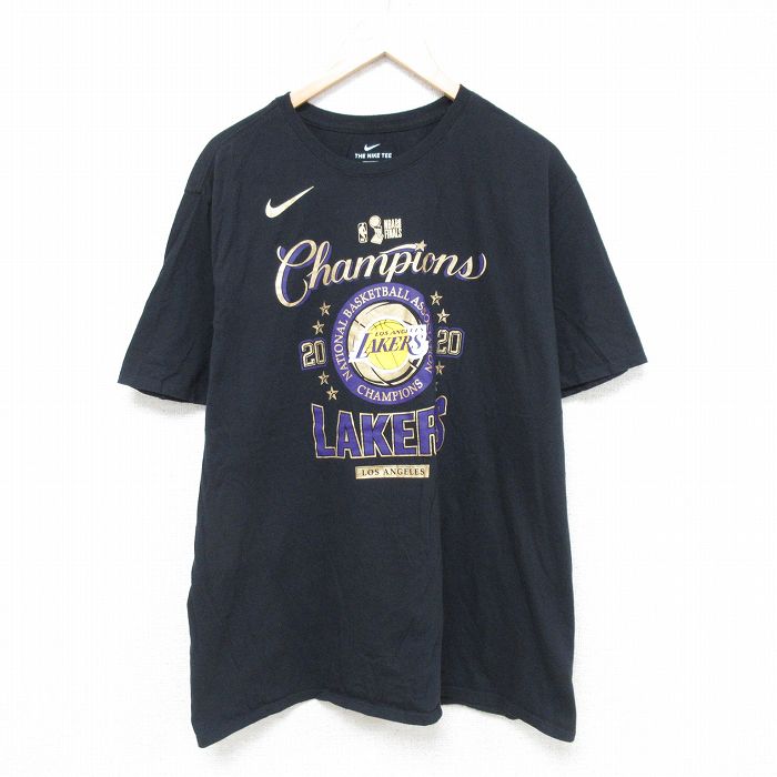XL★古着 ナイキ NIKE 半袖 ブランド Tシャツ メンズ NBA ロサンゼルスレイカーズ 大きいサイズ コットン クルーネック 黒 ブラック バスケットボール 25jun16 中古