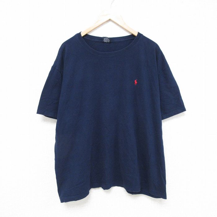 【50%OFF】XL★古着 ラルフローレン Ralph Lauren 半袖 ブランド Tシャツ メンズ 90年代 90s ワンポイントロゴ 大きいサイズ コットン クルーネック 紺 ネイビー 25jun16 中古