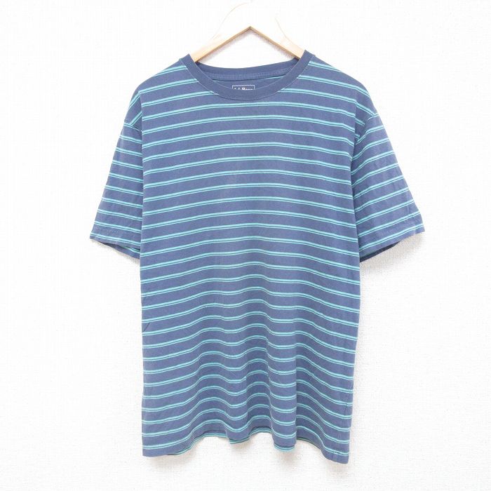 XL★古着 エルエルビーン LLBEAN 半袖 ブランド Tシャツ メンズ コットン クルーネック 薄紺他 ネイビー ボーダー 25jun18 中古