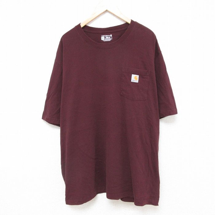 【50%OFF】XL★古着 カーハート Carhartt 半袖 ブランド Tシャツ メンズ 胸ポケット付き 大きいサイズ ロング丈 コットン クルーネック エンジ 25jun18 中古
