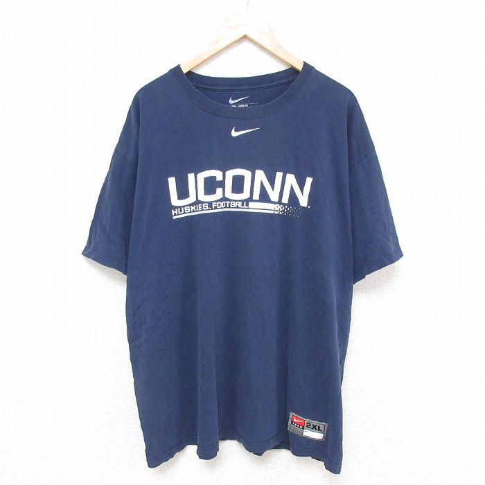 XL★古着 ナイキ NIKE 半袖 ブランド Tシャツ メンズ UCONN 大きいサイズ コットン クルーネック 紺 ネイビー 25jun18 中古
