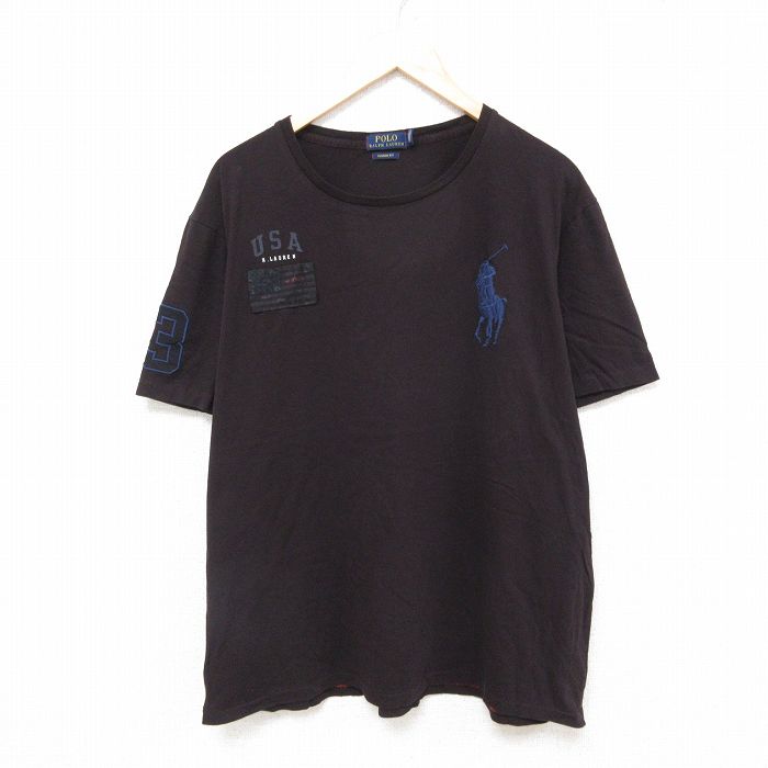 XL★古着 ラルフローレン Ralph Lauren 半袖 ブランド Tシャツ メンズ ビッグポニー コットン クルーネック こげ茶系 ブラウン 25jun18 中古