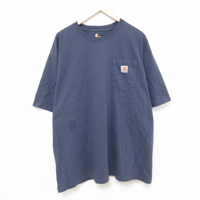 【50%OFF】XL★古着 カーハート Carhartt 半袖 ブランド Tシャツ メンズ 胸ポケット付き 大きいサイズ コットン クルーネック 薄紺 ネイビー 25jun18 中古