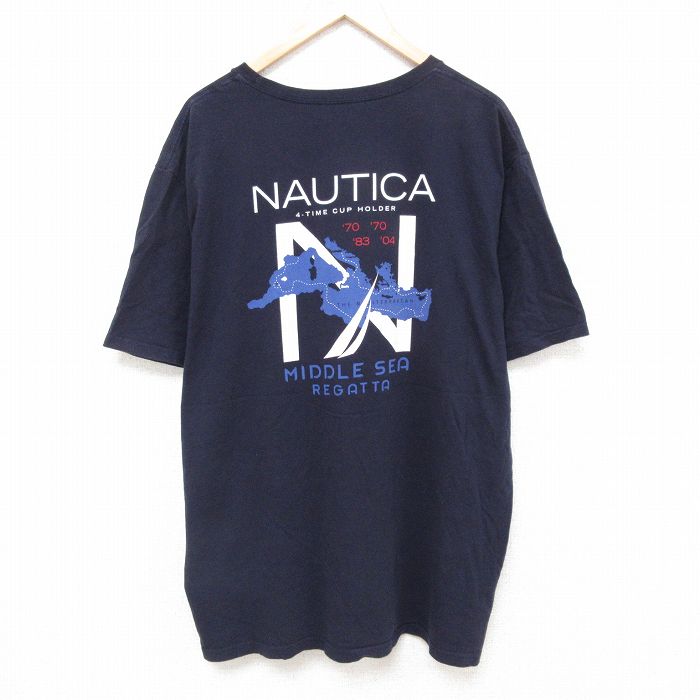 XL★古着 ノーティカ NAUTICA 半袖 ブランド Tシャツ メンズ MIDDLE 大きいサイズ コットン クルーネック 紺 ネイビー 25jun18 中古