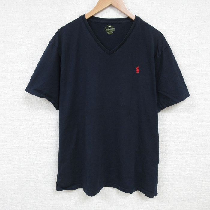 【50%OFF】XL★古着 ラルフローレン Ralph Lauren 半袖 ブランド Tシャツ メンズ ワンポイントロゴ 大きいサイズ コットン Vネック 紺 ネイビー 25jun19 中古