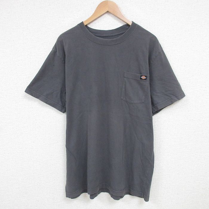 XL★古着 ディッキーズ Dickies 半袖 ブランド Tシャツ メンズ 無地 胸ポケット付き 大きいサイズ コットン クルーネック 濃グレー 25jun19 中古