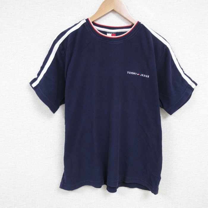 XL★古着 トミーフィルフィガー トミージーンズ 半袖 ブランド Tシャツ メンズ 90年代 90s ワンポイントロゴ コットン クルーネック 紺 ネイビー 25jun19 中古