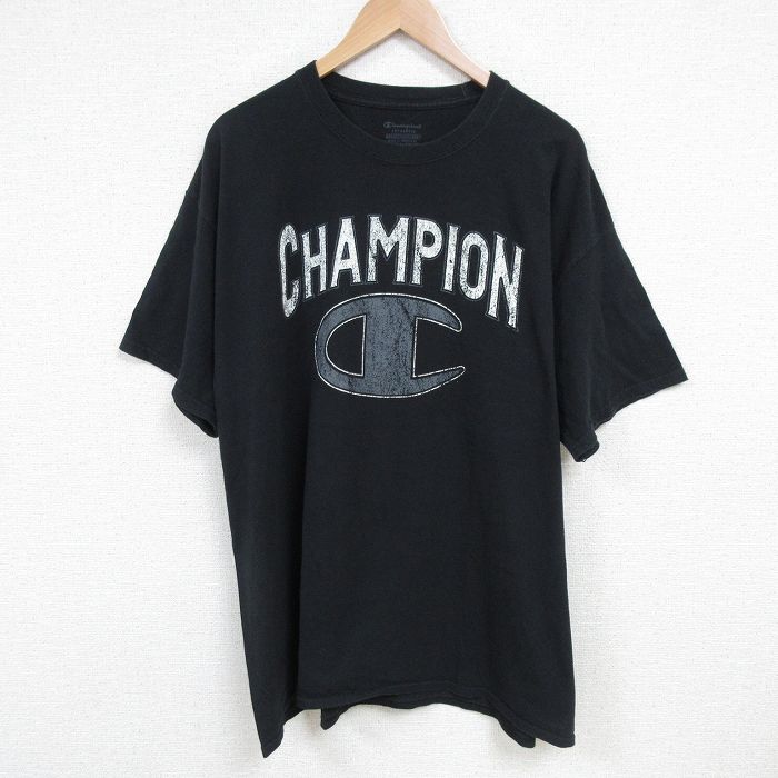 XL★古着 チャンピオン champion 半袖 ブランド Tシャツ メンズ ビッグロゴ 大きいサイズ クルーネック 黒 ブラック 25jun19 中古