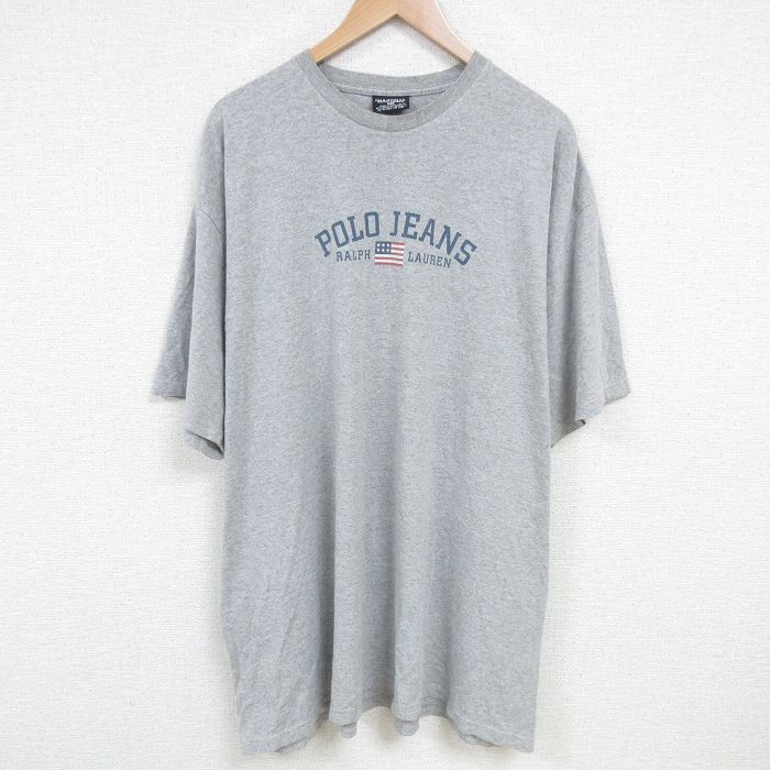 XL★古着 ラルフローレン Ralph Lauren ポロジーンズ 半袖 ブランド Tシャツ メンズ ビッグロゴ 大きいサイズ ロング丈 クルーネック グレー 霜降り 【spe】 25jun19 中古