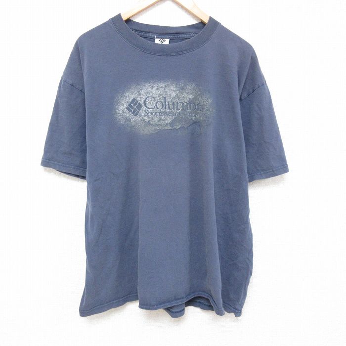XL★古着 コロンビア COLUMBIA 半袖 ビンテージ Tシャツ メンズ ビッグロゴ 大きいサイズ コットン クルーネック 薄紺 ネイビー 25jun19 中古