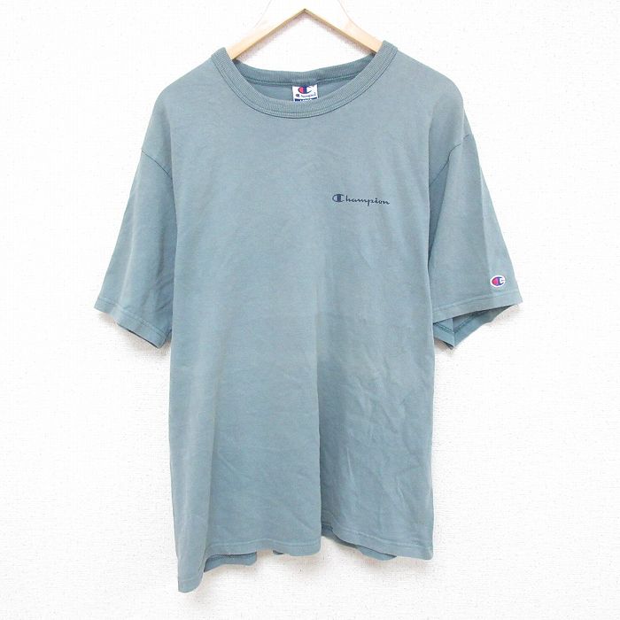 【50%OFF】XL★古着 チャンピオン champion 半袖 ビンテージ Tシャツ メンズ 90年代 90s ワンポイントロゴ 大きいサイズ コットン クルーネック 青緑 【spe】 25jun19 中古