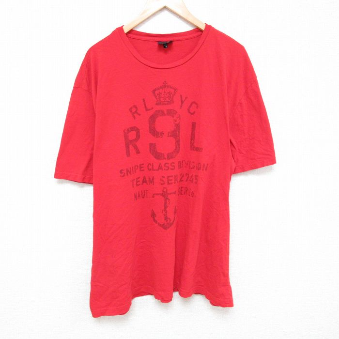 XL★古着 ラルフローレン Ralph Lauren 半袖 ブランド Tシャツ メンズ R9L 大きいサイズ コットン クルーネック 赤 レッド 25jun19 中古