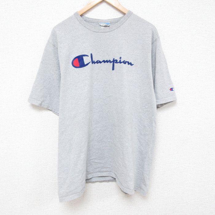 XL★古着 チャンピオン champion 半袖 ブランド Tシャツ メンズ フロッキープリント ビッグロゴ 大きいサイズ クルーネック グレー 霜降り 25jun19 中古