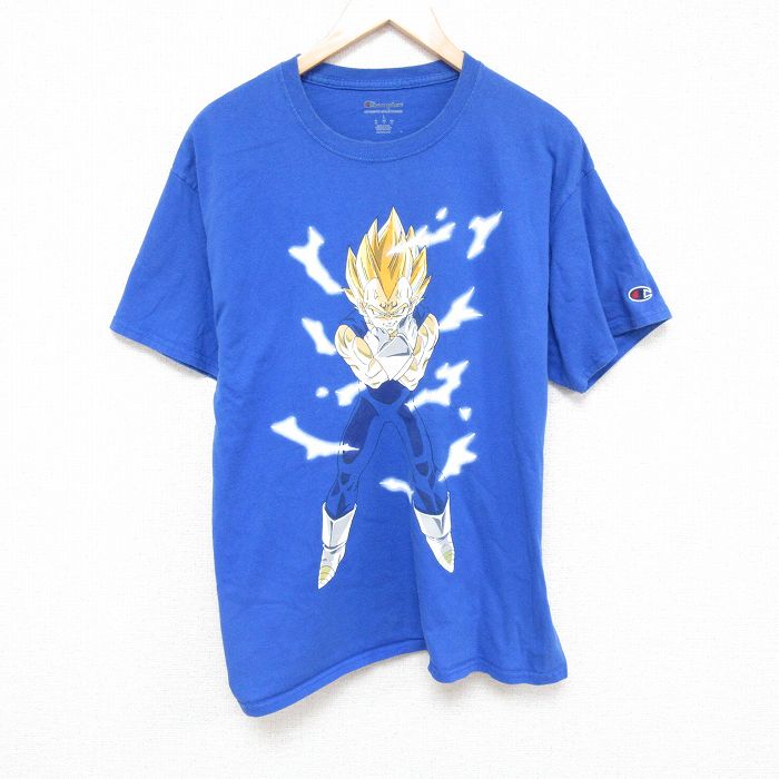 L★古着 チャンピオン champion 半袖 ブランド Tシャツ メンズ アニメ ドラゴンボールZ ベジータ コットン クルーネック 青 ブルー 【spe】 25jun19 中古