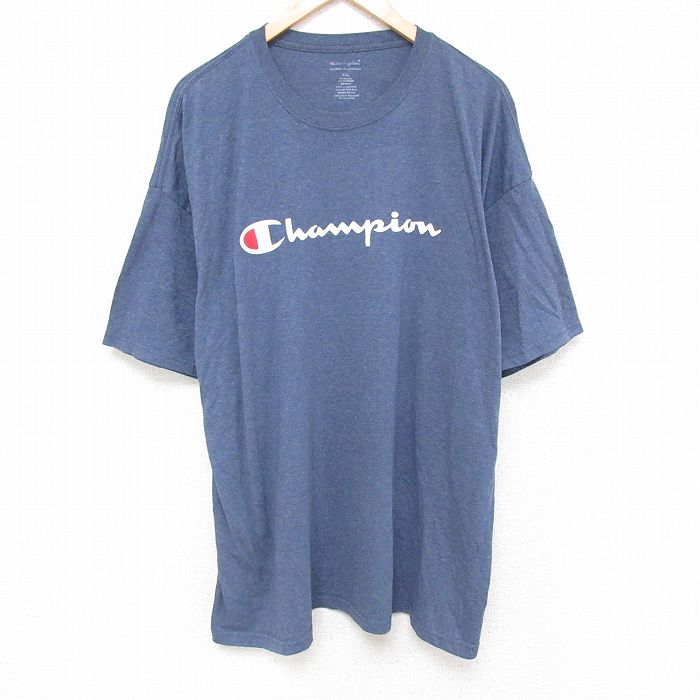XL★古着 チャンピオン champion 半袖 ブランド Tシャツ メンズ ビッグロゴ 大きいサイズ ロング丈 クルーネック 紺 ネイビー 霜降り 25jun19 中古