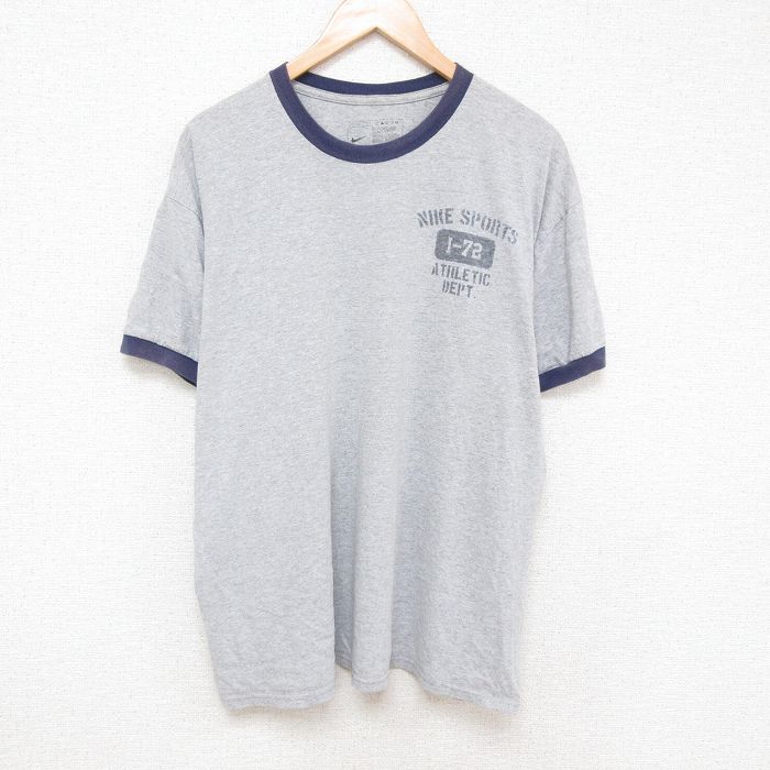 XL★古着 ナイキ NIKE 半袖 ブランド Tシャツ メンズ 大きいサイズ リンガー クルーネック グレー 霜降り 25jun19 中古