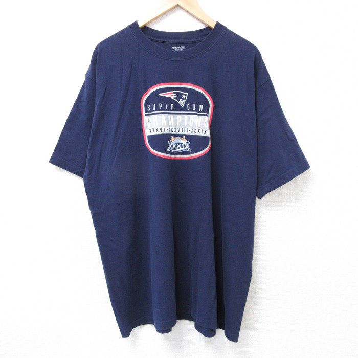 XL★古着 リーボック REEBOK 半袖 ブランド Tシャツ メンズ NFL ニューイングランドペイトリオッツ 大きいサイズ ロング丈 コットン クルーネック 紺 ネイビー アメフト スーパーボウル 25jul18 中古