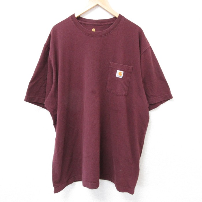 【50%OFF】XL★古着 カーハート Carhartt 半袖 ブランド Tシャツ メンズ 胸ポケット付き 大きいサイズ ロング丈 コットン クルーネック エンジ 25jul18 中古