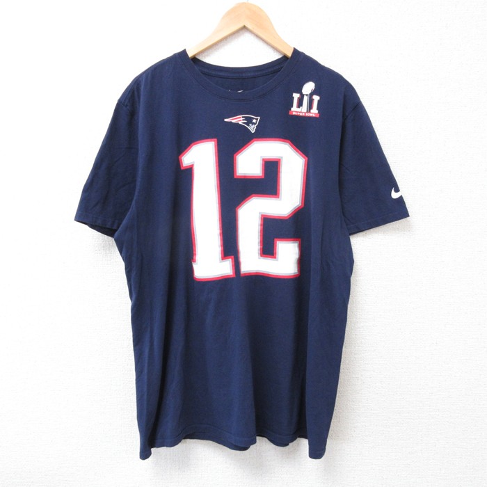 XL★古着 ナイキ NIKE 半袖 ブランド Tシャツ メンズ NFL ニューイングランドペイトリオッツ トムグレイディ 12 大きいサイズ クルーネック 紺 ネイビー アメフト スーパーボウル 25jul18 中古