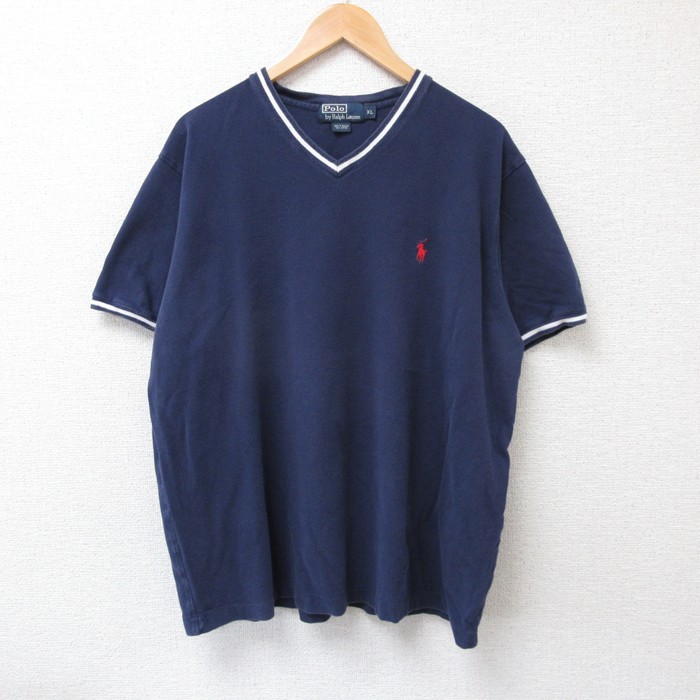 XL★古着 ラルフローレン Ralph Lauren 半袖 ブランド Tシャツ メンズ 90年代 90s ワンポイントロゴ 鹿の子 大きいサイズ コットン Vネック 紺 ネイビー 25jul18 中古