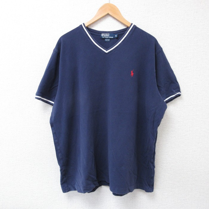 【50%OFF】XL★古着 ラルフローレン Ralph Lauren 半袖 ブランド Tシャツ メンズ 90年代 90s ワンポイントロゴ 鹿の子 大きいサイズ コットン Vネック 紺 ネイビー 25jul18 中古