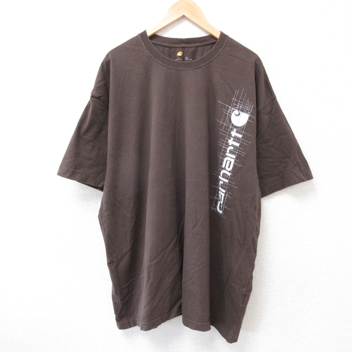 【50%OFF】XL★古着 カーハート Carhartt 半袖 ブランド Tシャツ メンズ ビッグロゴ 大きいサイズ ロング丈 コットン クルーネック 茶 ブラウン 25jul18 中古