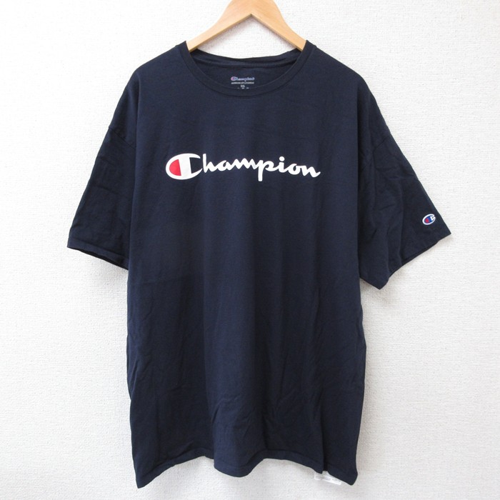 XL★古着 チャンピオン champion 半袖 ブランド Tシャツ メンズ ビッグロゴ 大きいサイズ コットン クルーネック 濃紺 ネイビー 25jul18 中古