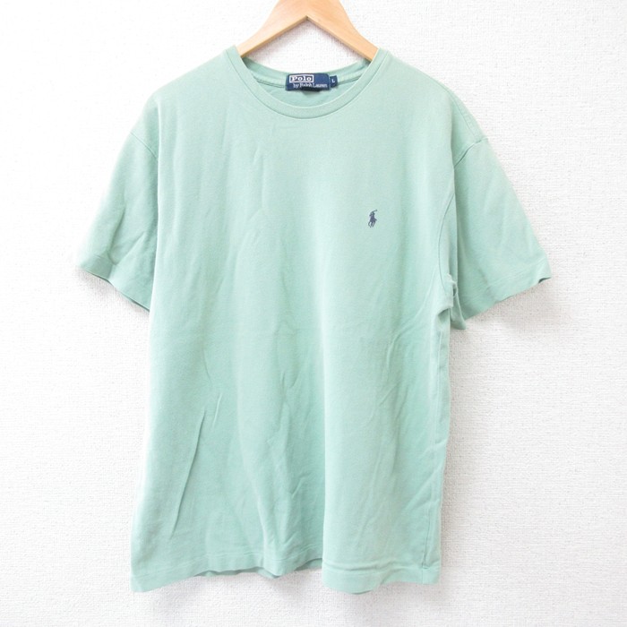 XL★古着 ラルフローレン Ralph Lauren 半袖 ブランド Tシャツ メンズ 90年代 90s ワンポイントロゴ 鹿の子 大きいサイズ コットン クルーネック 薄緑 グリーン 25jul18 中古
