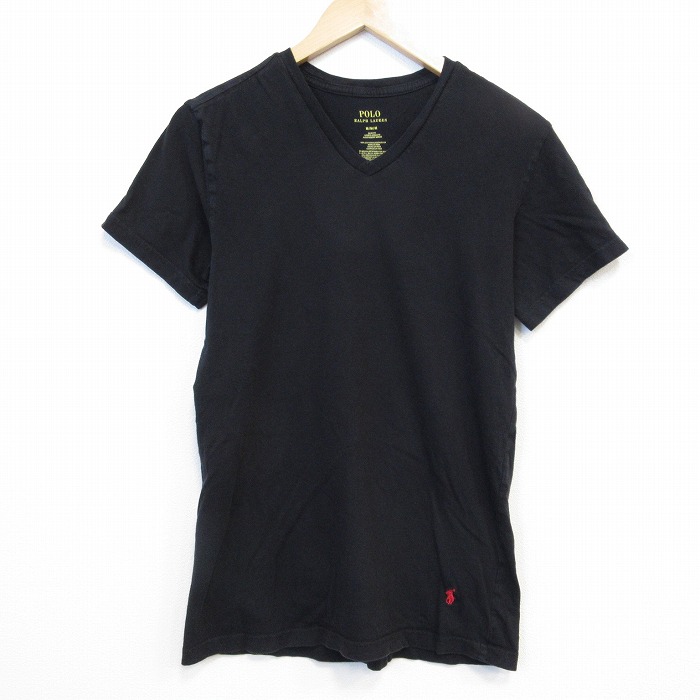 M★古着 ラルフローレン 半袖 ブランド Tシャツ メンズ ワンポイントロゴ 裾ロゴ コットン Vネック ブラック 26jul06