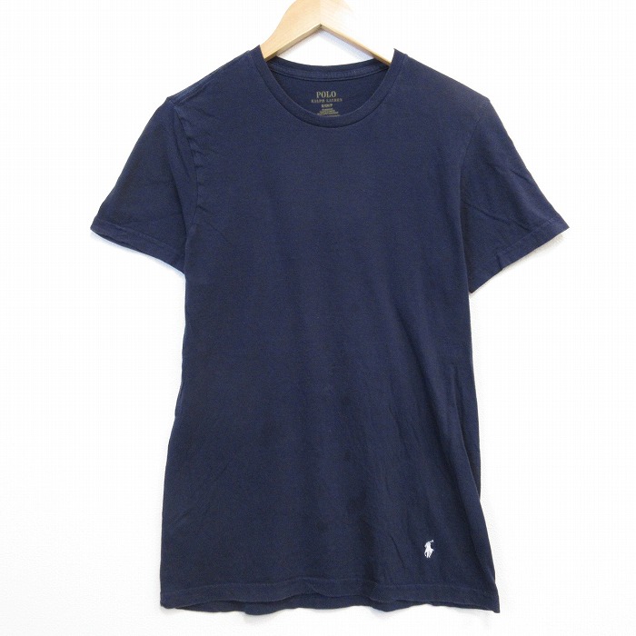 M★古着 ラルフローレン 半袖 ブランド Tシャツ メンズ ワンポイントロゴ 裾ロゴ コットン クルーネック ネイビー 26jul06