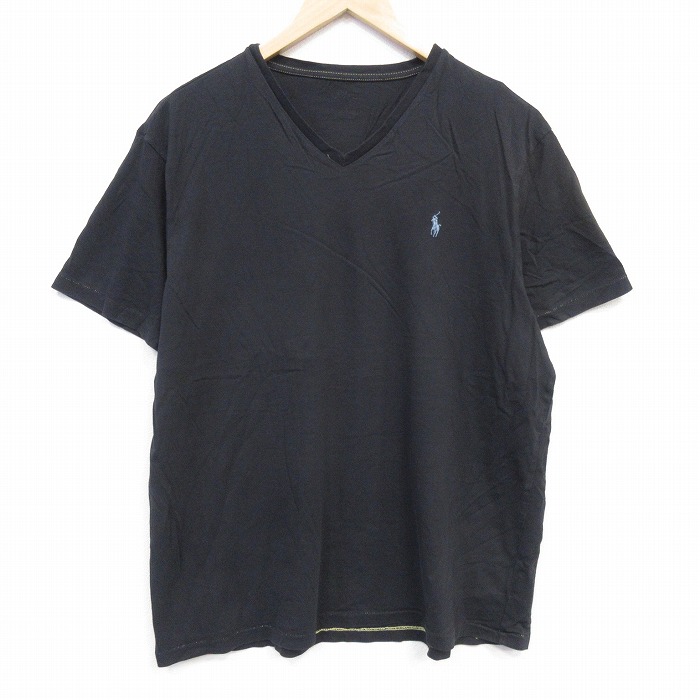 XL★古着 ラルフローレン 半袖 ブランド Tシャツ メンズ ワンポイントロゴ コットン Vネック ブラック 26jul06