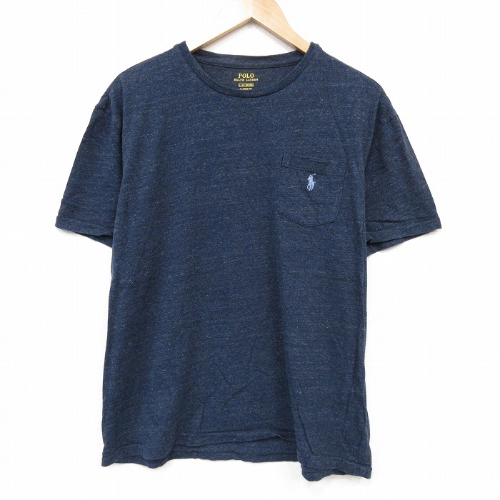 XL★古着 ラルフローレン 半袖 ブランド Tシャツ メンズ ワンポイントロゴ 胸ポケット付き コットン クルーネック ネイビー 霜降り 26jul06