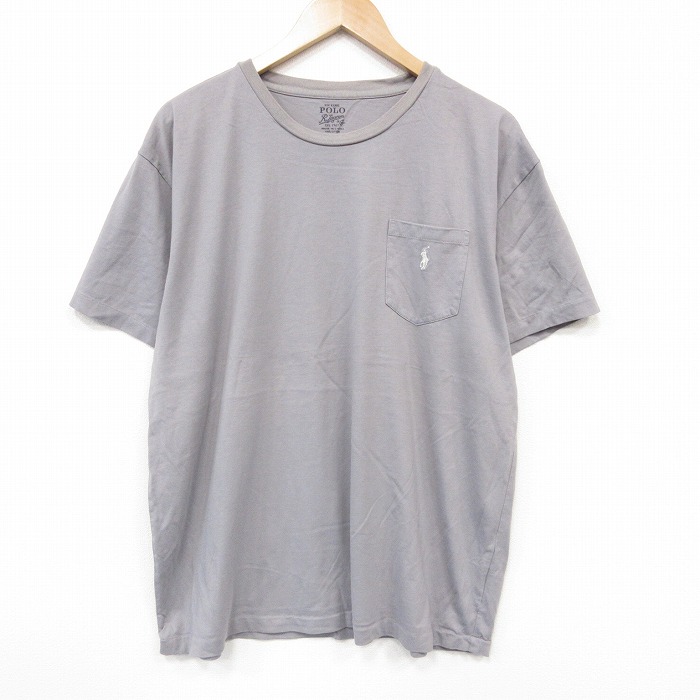 XL★古着 ラルフローレン 半袖 ブランド Tシャツ メンズ ワンポイントロゴ 胸ポケット付き 大きいサイズ コットン クルーネック グレー 26jul06