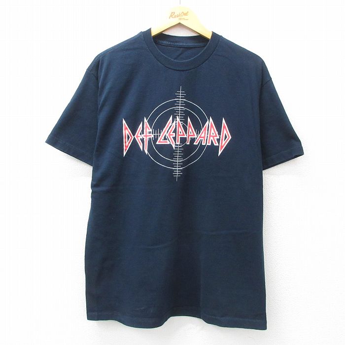 L★古着 半袖 ロック バンド Tシャツ メンズ デフレパード ボストン 18 クルーネック 紺 ネイビー 25apr17 中古