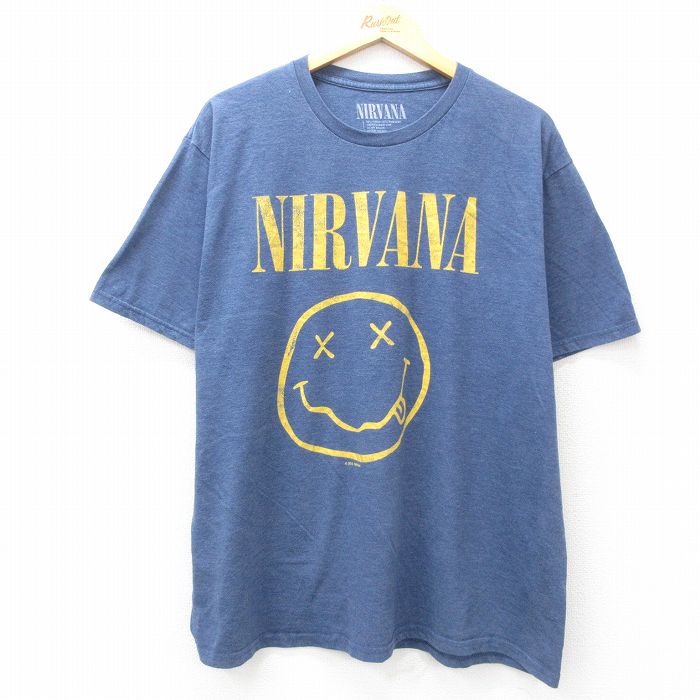 XL★古着 半袖 ロック バンド Tシャツ メンズ ニルバーナ ニルヴァーナ 大きいサイズ クルーネック 紺 ネイビー 霜降り 25apr17 中古
