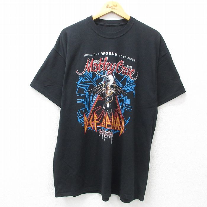 XL★古着 半袖 ロック バンド Tシャツ メンズ デフレパード モトリークルー 大きいサイズ クルーネック 黒 ブラック 25apr17 中古