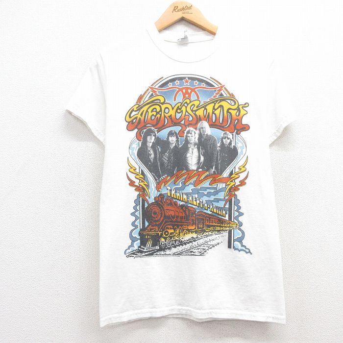 S★古着 半袖 ロック バンド Tシャツ メンズ エアロスミス コットン クルーネック 白 ホワイト 25apr30 中古