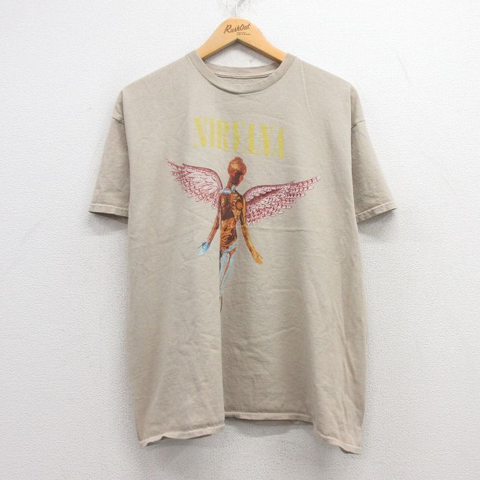 XL★古着 半袖 ロック バンド Tシャツ メンズ ニルヴァーナ ニルバーナ インユーテロ 大きいサイズ コットン クルーネック ベージュ系 カーキ 【spe】 25apr30 中古
