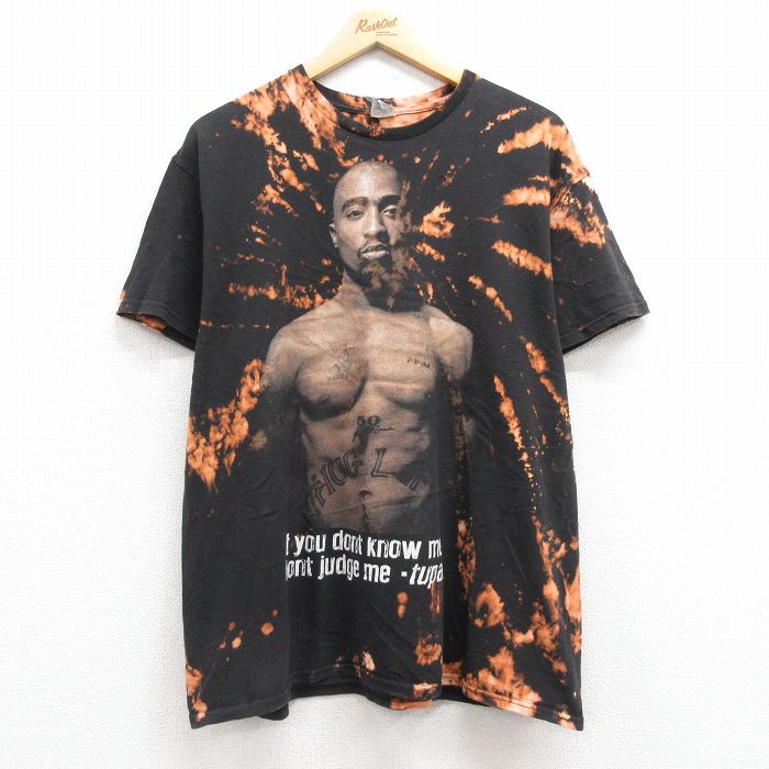 XL★古着 半袖 ヒップホップ ラップ Tシャツ メンズ 2PAC 2パック トゥーパック コットン クルーネック 黒 ブラック ブリーチ加工 25apr30 中古