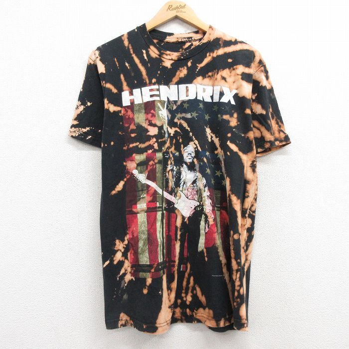 M★古着 半袖 ロック バンド Tシャツ メンズ ジミヘンドリックス クルーネック 黒 ブラック ブリーチ加工 25apr30 中古