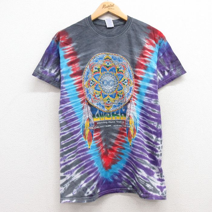 L★古着 半袖 ロック バンド Tシャツ メンズ フィッシュ ウィーン フェス コットン クルーネック 紺他 ネイビー タイダイ 25apr30 中古