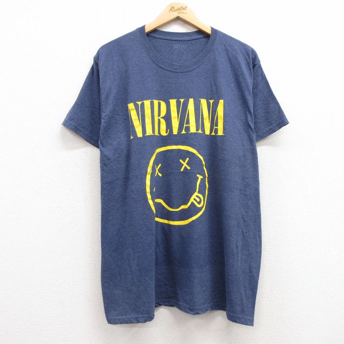 XL★古着 半袖 ロック バンド Tシャツ メンズ ニルバーナ ニルヴァーナ 大きいサイズ クルーネック 紺 ネイビー 霜降り 25apr30 中古